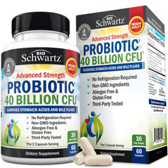 Envase frontal BioSchwartz mostrando 40 billones CFU y 60 cápsulas, confianza respaldada