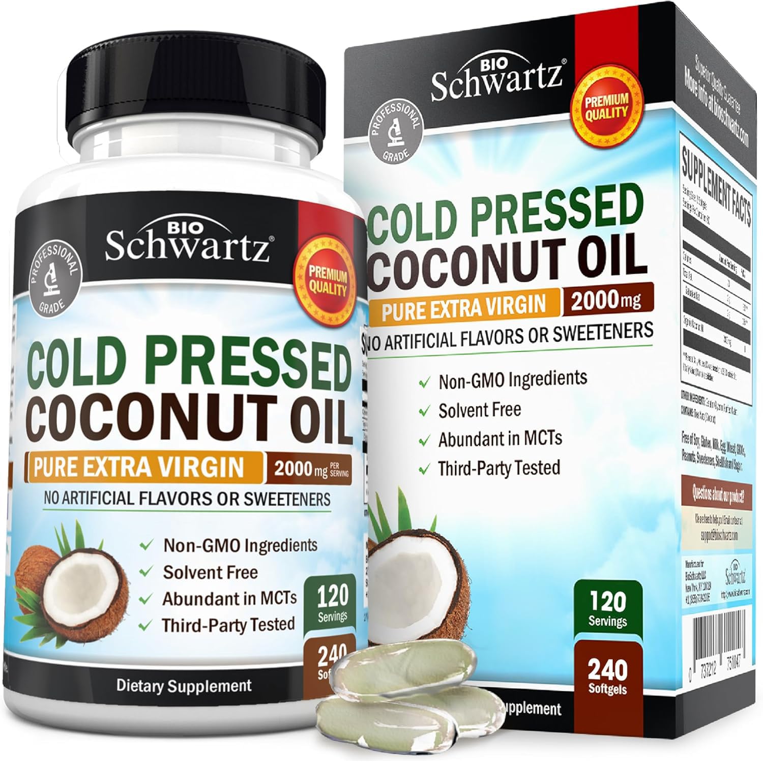BioSchwartz frasco frontal mostrando 240 cápsulas y beneficio conveniencia