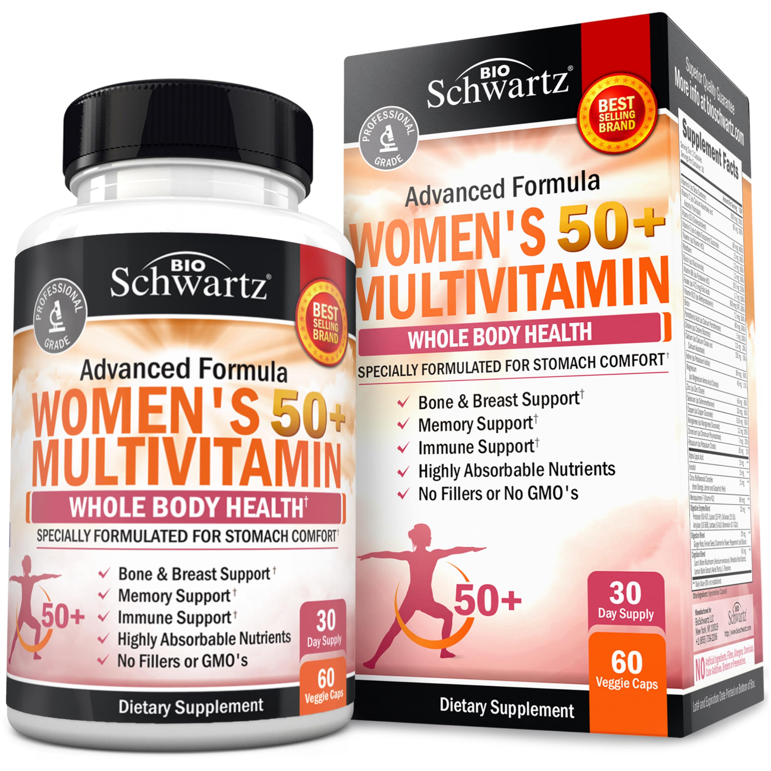 BioSchwartz frente del empaque mostrando 60 cápsulas y beneficios