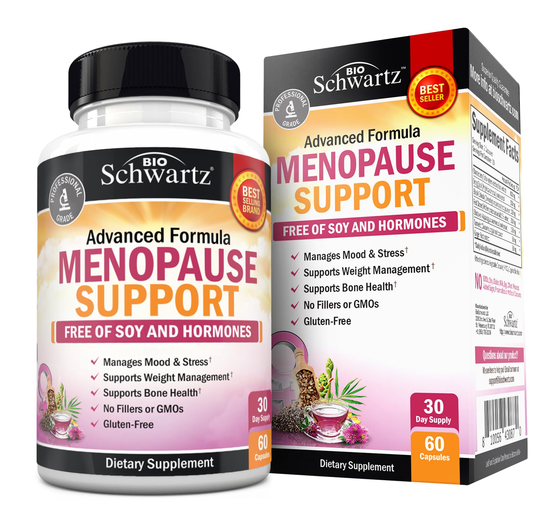 BioSchwartz envase frontal Menopause Support mostrando diseño claro y confianza