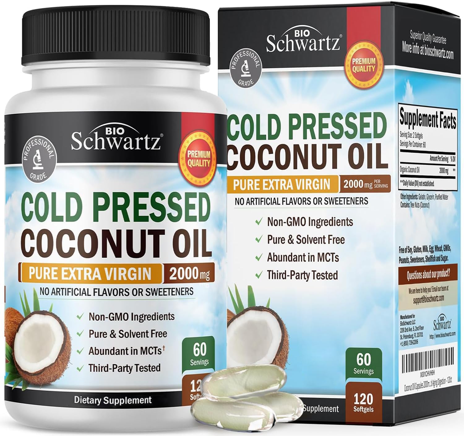 Envase BioSchwartz frente mostrando etiqueta clara y duración de 120 cápsulas, conveniente