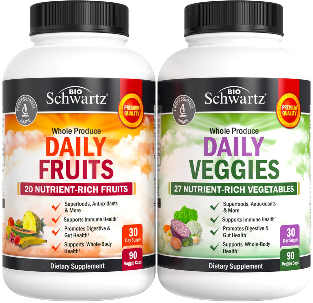Envase de BioSchwartz Daily Fruits and Vegetables mostrando presentación clara y confianza