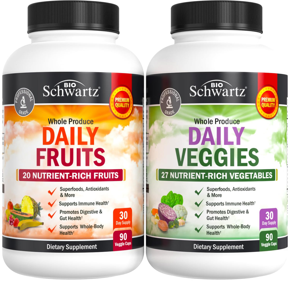 Envase de BioSchwartz Daily Fruits and Vegetables mostrando presentación clara y confianza