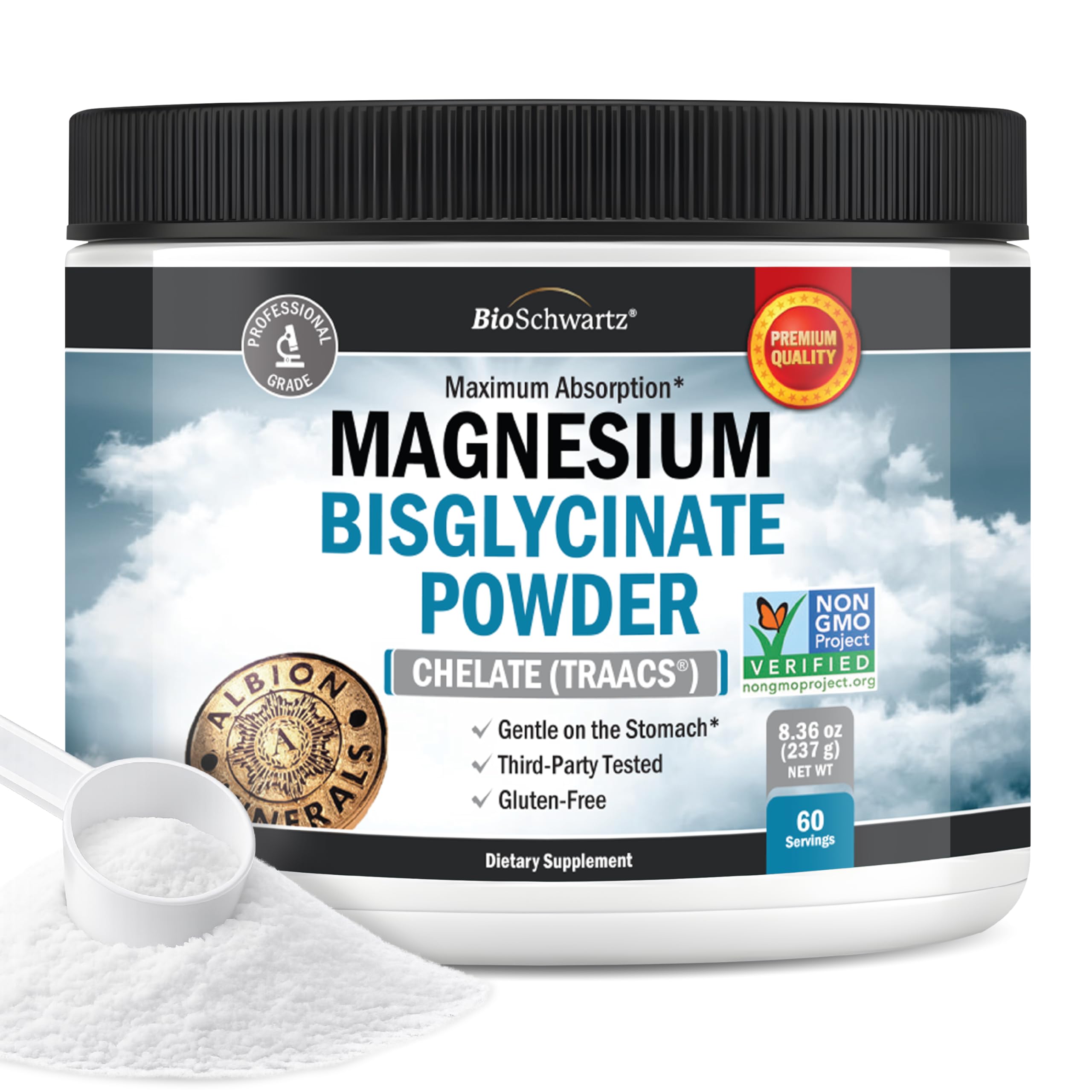 BioSchwartz frasco frontal del magnesio bisglicinato mostrando la marca y ventaja de pureza