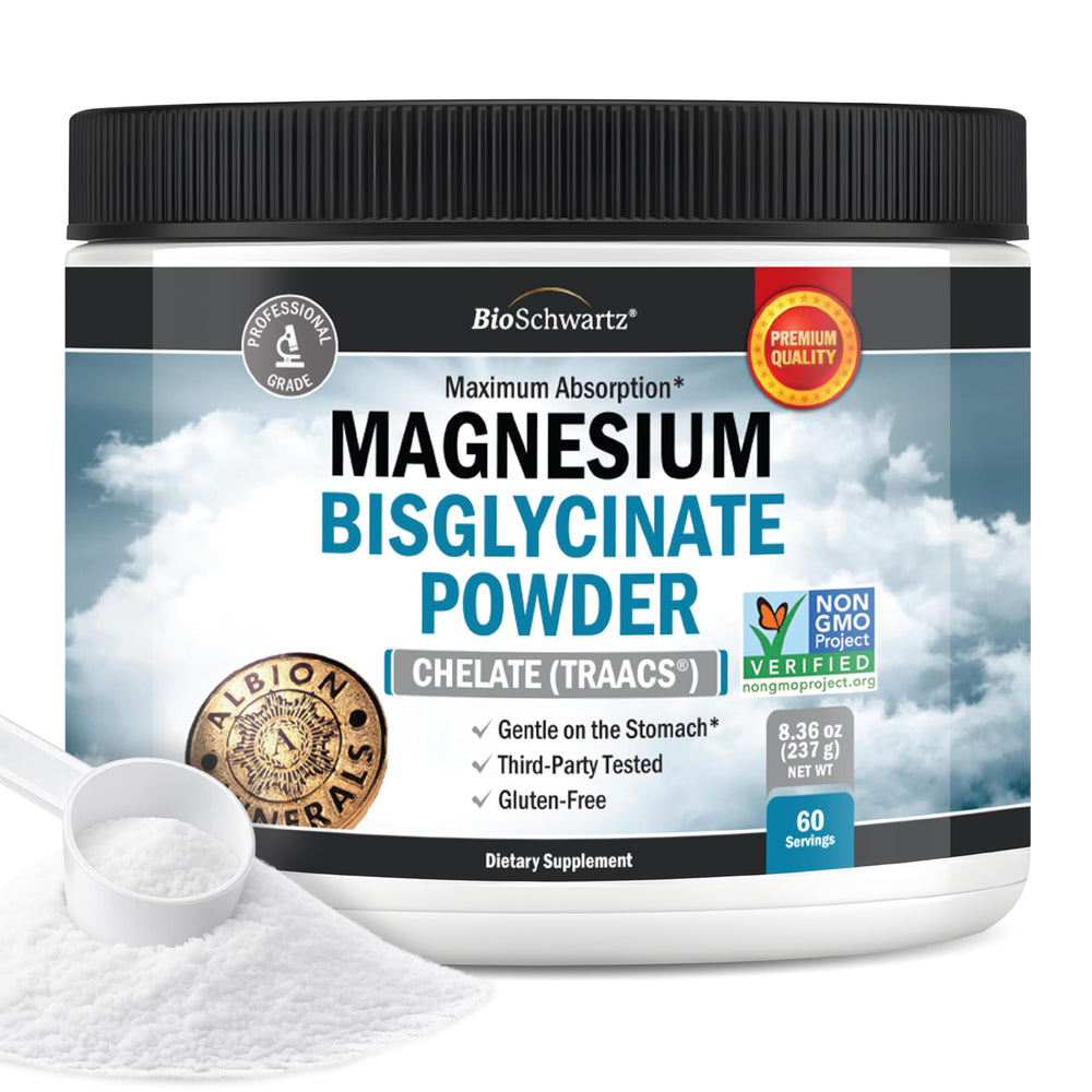 BioSchwartz frasco frontal del magnesio bisglicinato mostrando la marca y ventaja de pureza