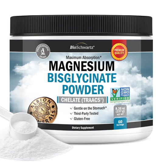 BioSchwartz frasco frontal del magnesio bisglicinato mostrando la marca y ventaja de pureza