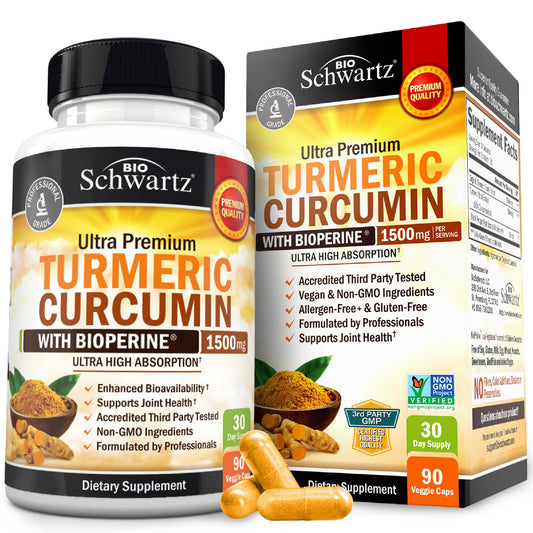 Envase frontal BioSchwartz Turmeric Curcumin 1500mg mostrando etiqueta clara y marca