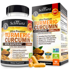 Envase frontal BioSchwartz Turmeric Curcumin 1500mg mostrando etiqueta clara y marca