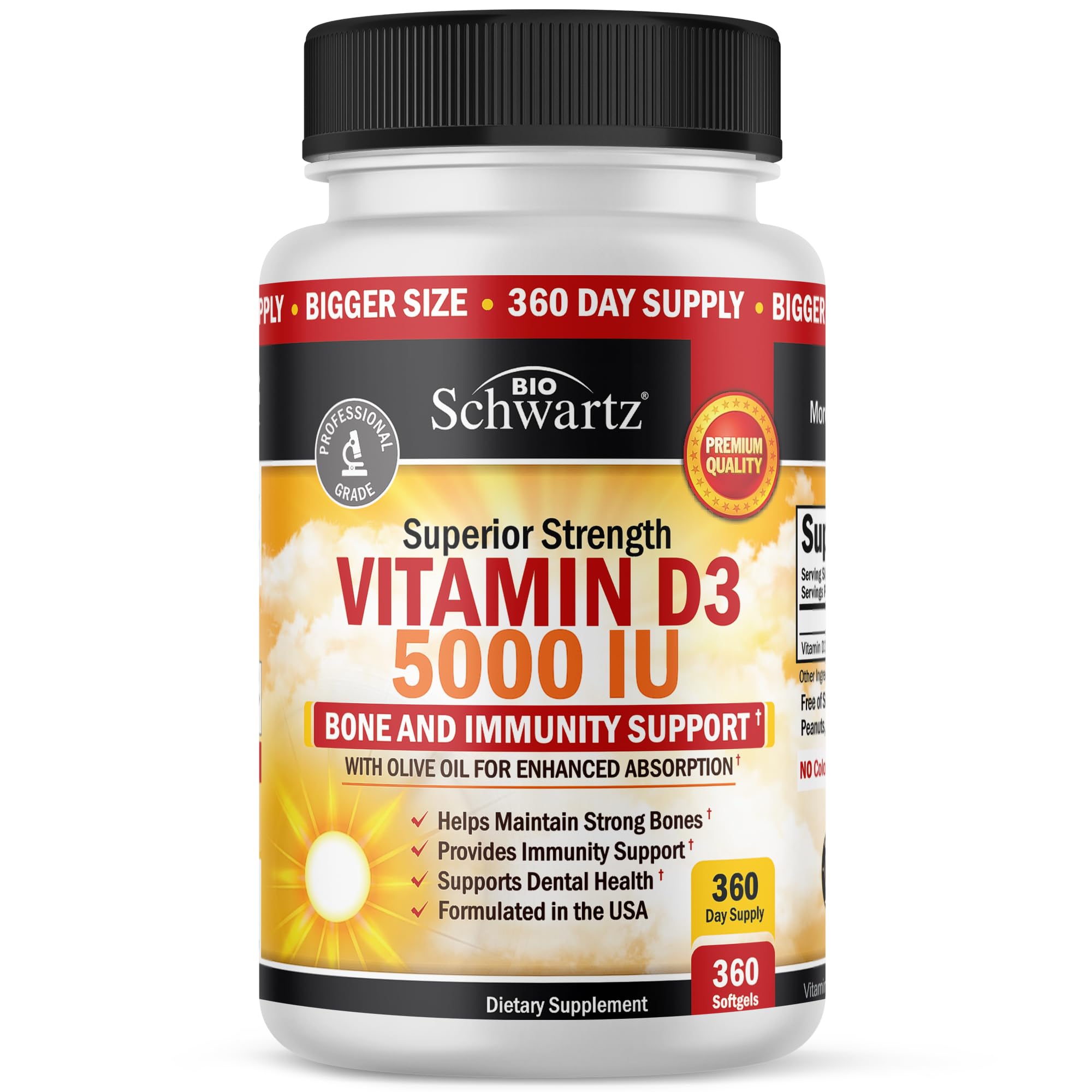 BioSchwartz envase frontal mostrando 360 softgels y beneficio conveniencia