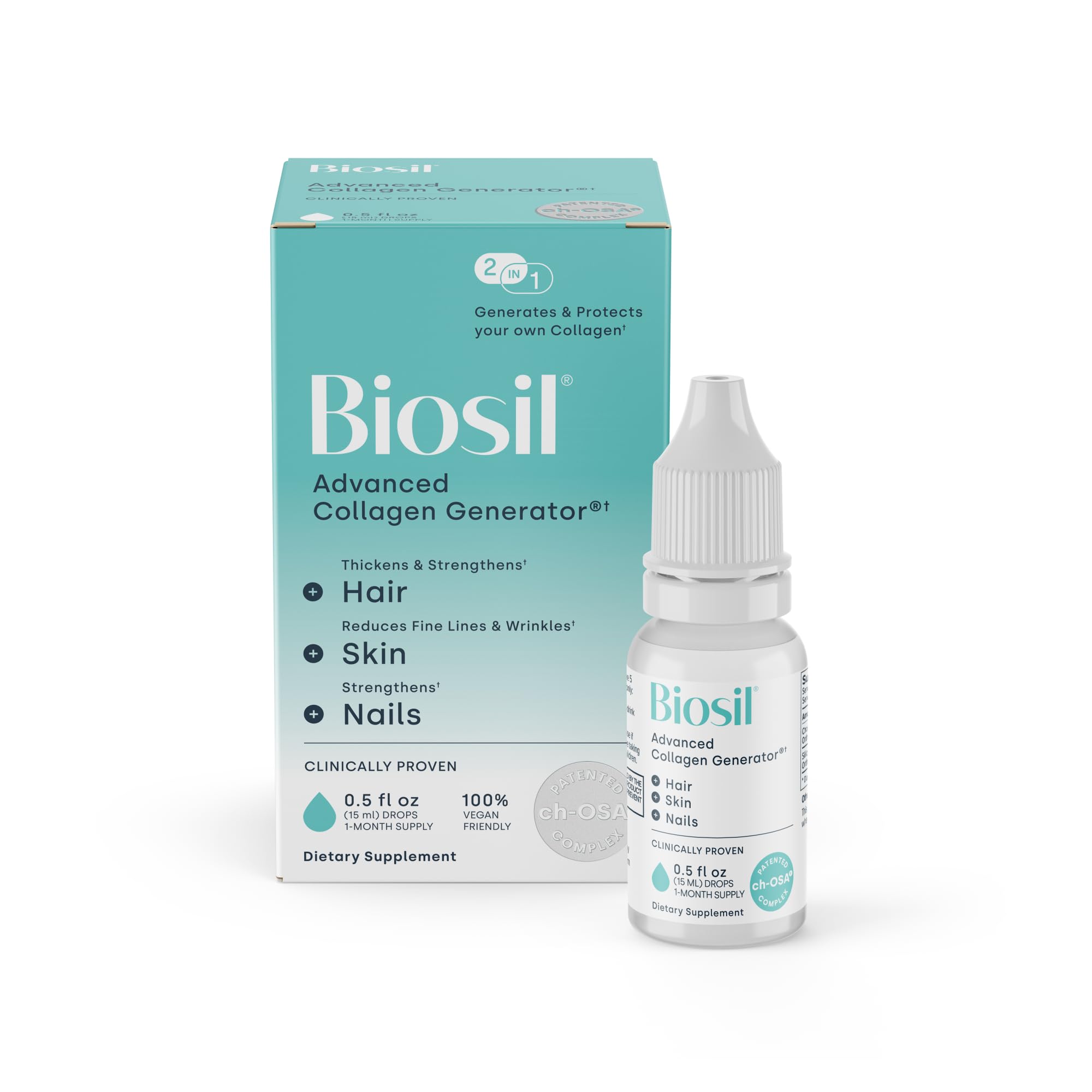 Biosil frasco frontal mostrando etiqueta limpia y beneficio de soporte de colágeno