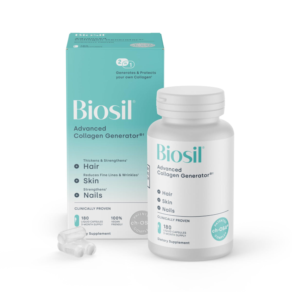 Biosil envase frontal mostrando 180 cápsulas y beneficios visibles