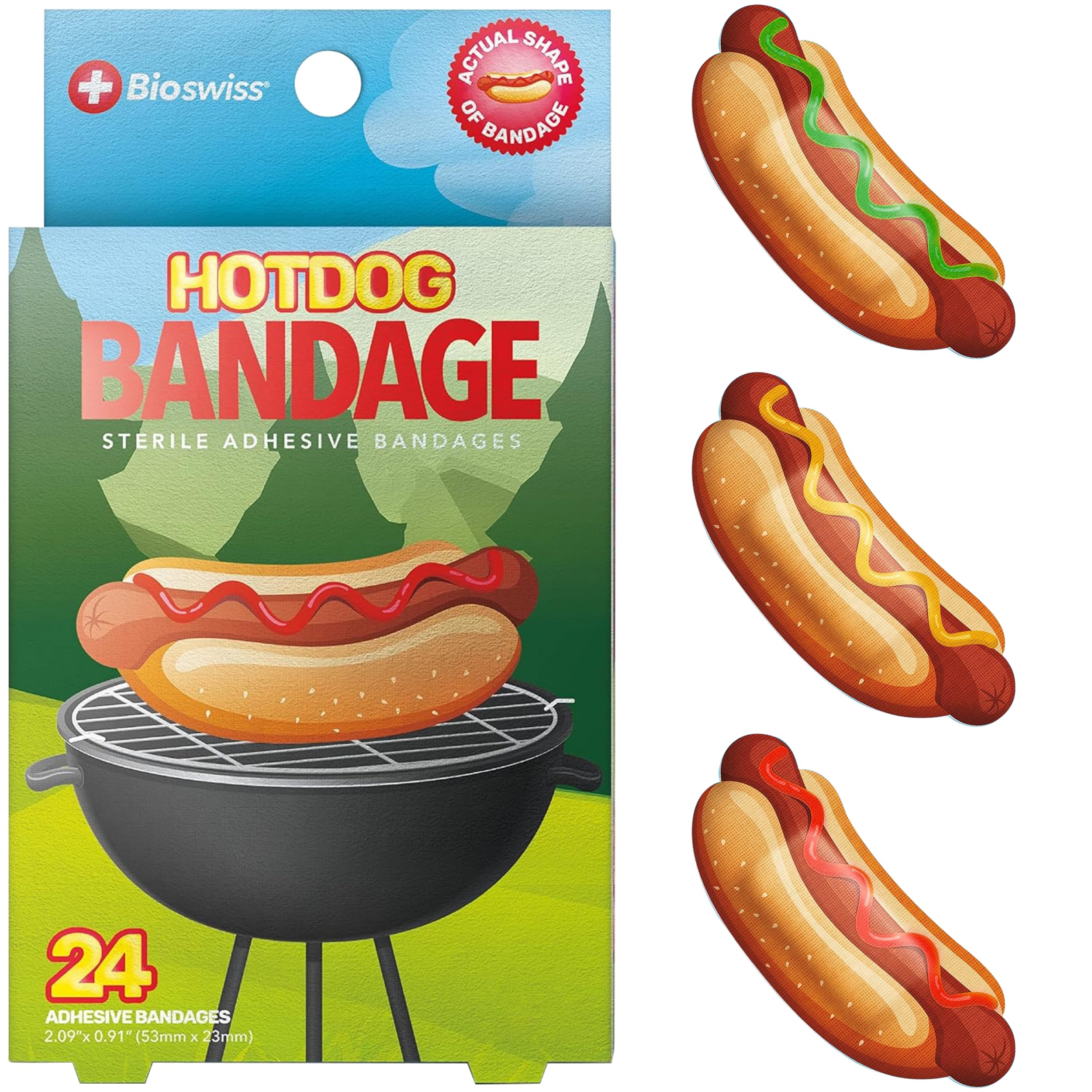 BioSwiss empaque frontal con 24 banditas hot dog, práctico para botiquín