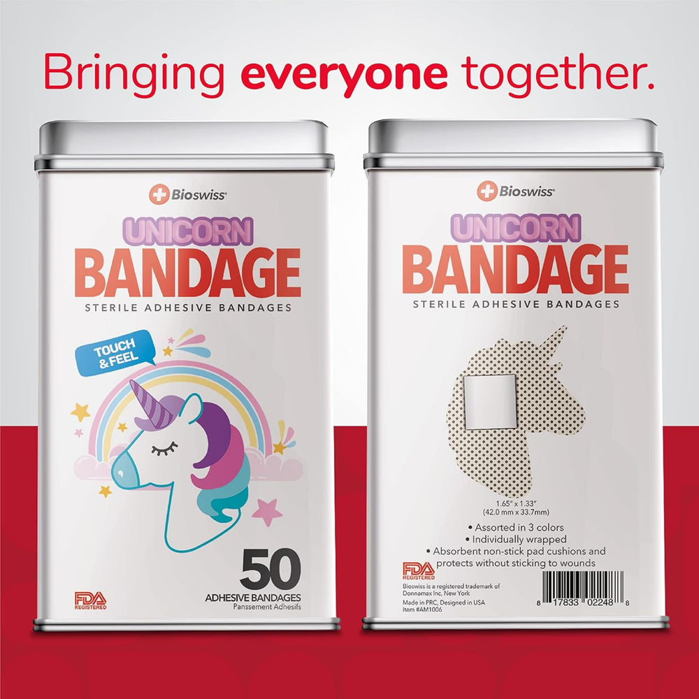 BioSwiss variedad de tiritas unicornio alineadas, diseños divertidos para niños