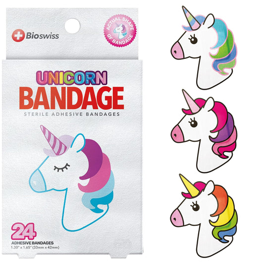 BioSwiss empaque frontal mostrando 24 curitas unicornio y beneficio de protección