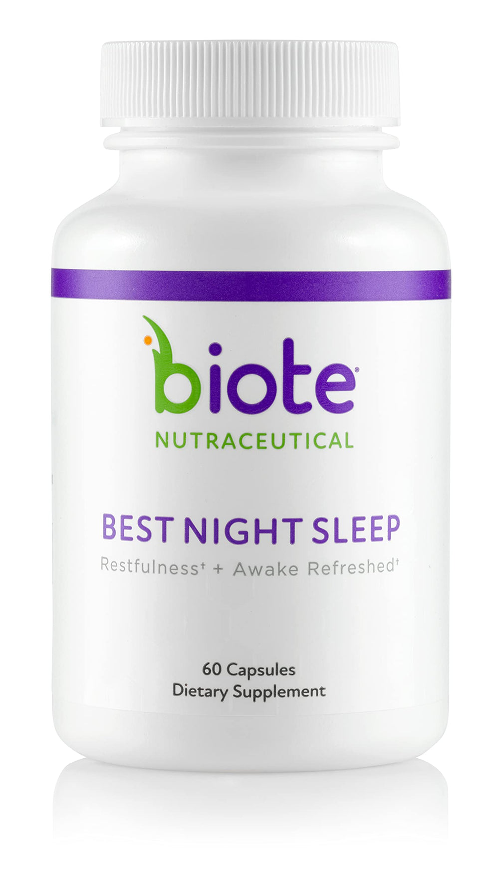 Biote frasco frontal del suplemento Best Night Sleep mostrando diseño y cantidad