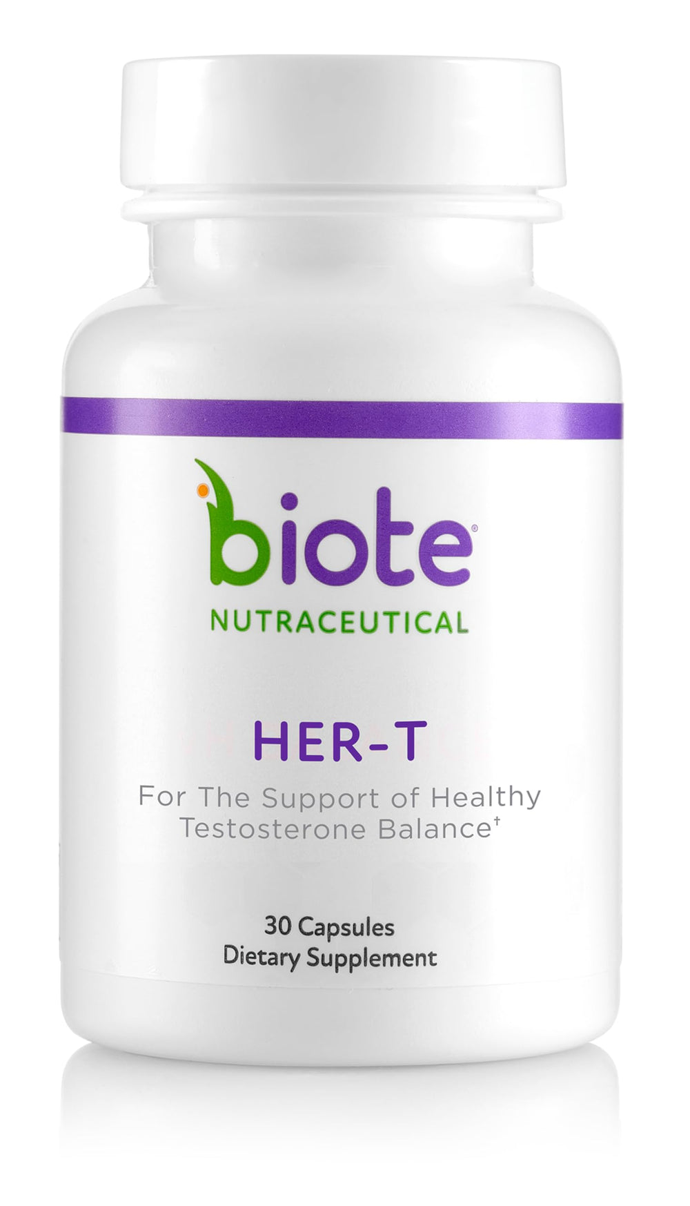 Biote HER-T frasco frontal mostrando la marca y beneficio de equilibrio