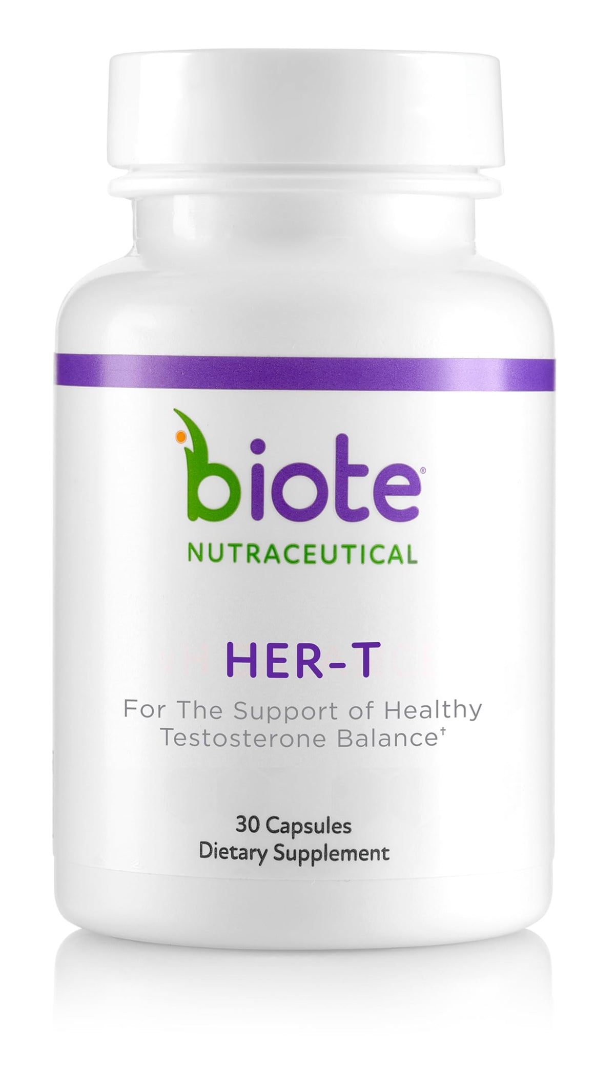 Biote HER-T frasco frontal mostrando la marca y beneficio de equilibrio