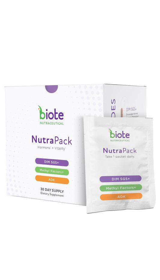 Biote NutraPack frente del empaque mostrando paquetes diarios para 30 días y conveniencia