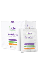 Biote NutraPack frente del empaque mostrando paquetes diarios para 30 días y conveniencia