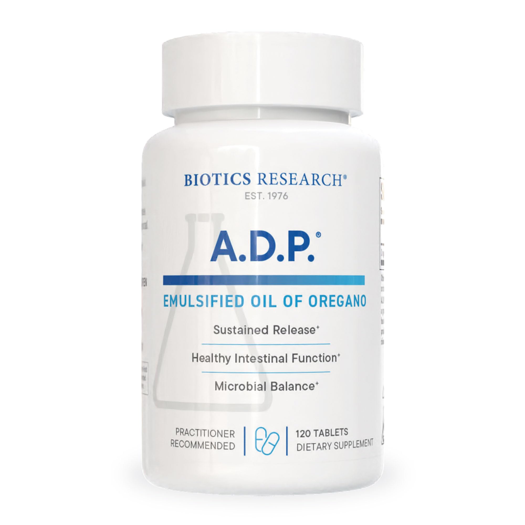 BIOTICS RESEARCH botella frontal mostrando 120 tabletas y marca, confianza en calidad