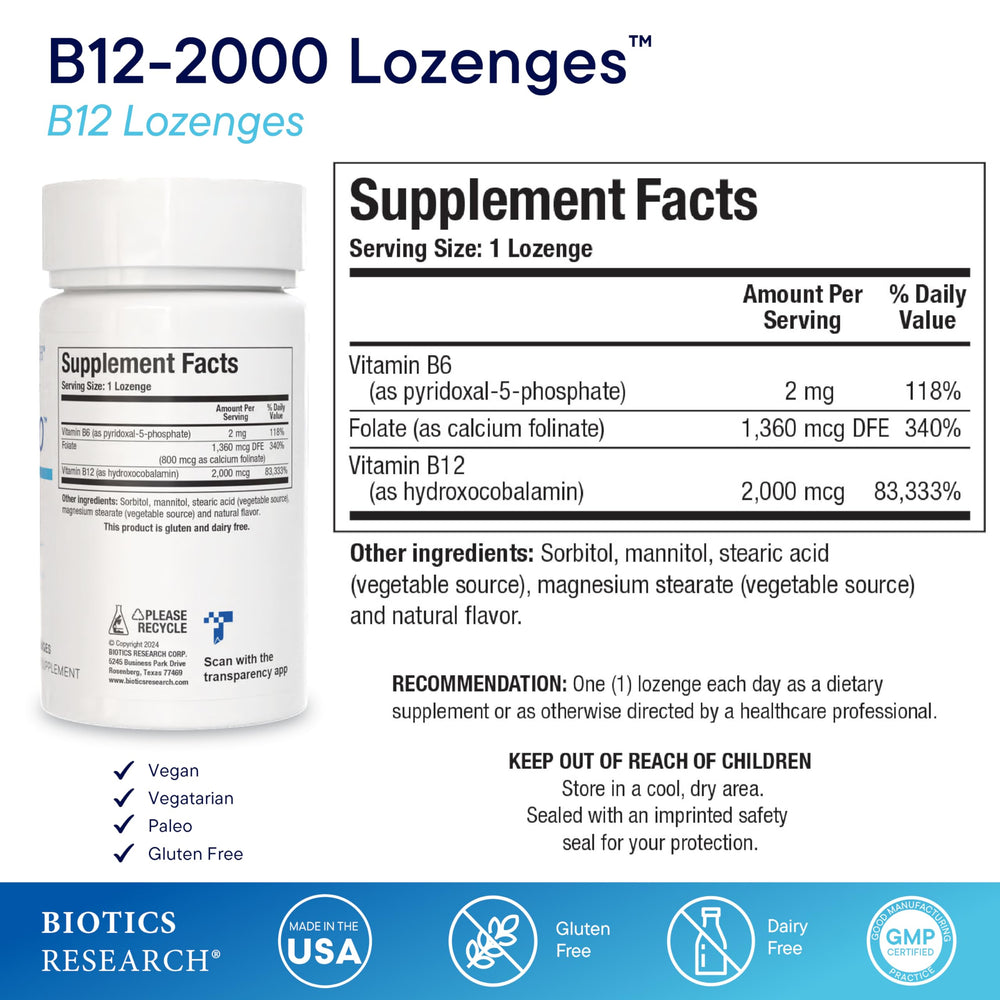 BIOTICS RESEARCH etiqueta con ingredientes y potencia B12 2000 mcg para confianza