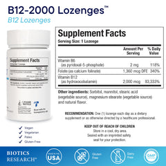 BIOTICS RESEARCH etiqueta con ingredientes y potencia B12 2000 mcg para confianza
