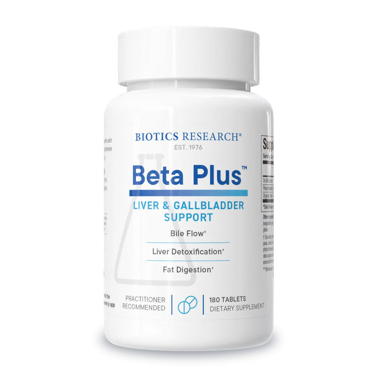 BIOTICS RESEARCH empaque frontal mostrando 180 tabletas y beneficios digestivos