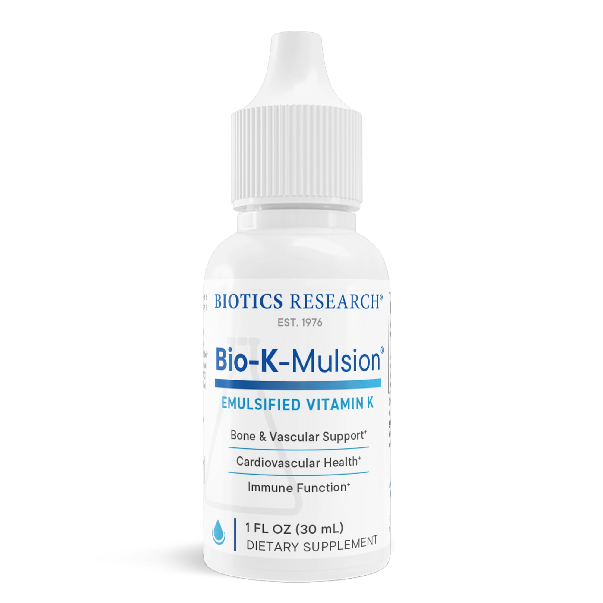 BIOTICS RESEARCH frasco frontal de Bio K Mulsion mostrando la presentación líquida y facilidad