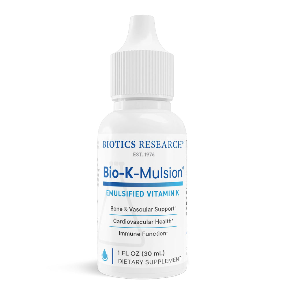 BIOTICS RESEARCH frasco frontal de Bio K Mulsion mostrando la presentación líquida y facilidad