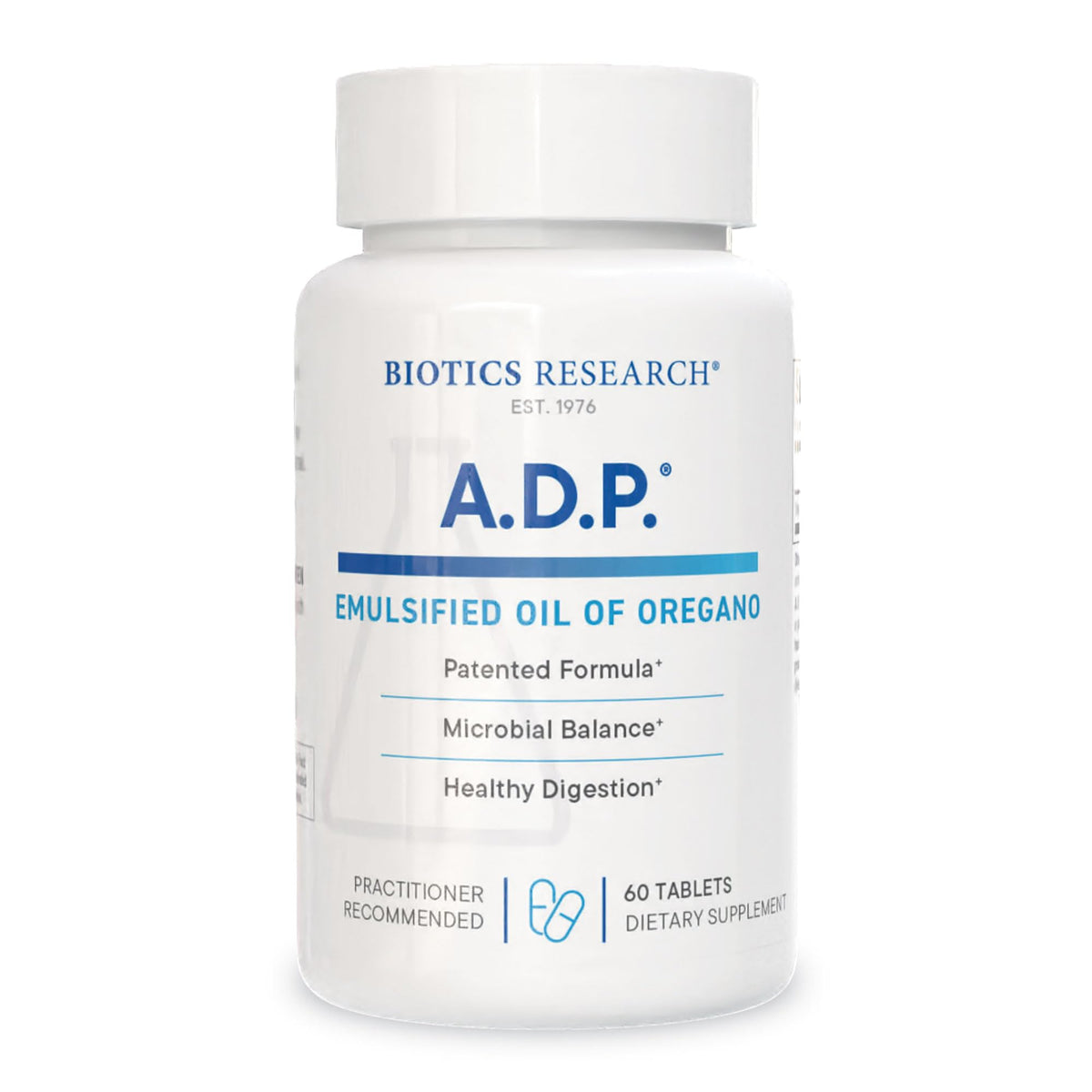 BIOTICS RESEARCH frasco anverso mostrando presentación y sello de calidad