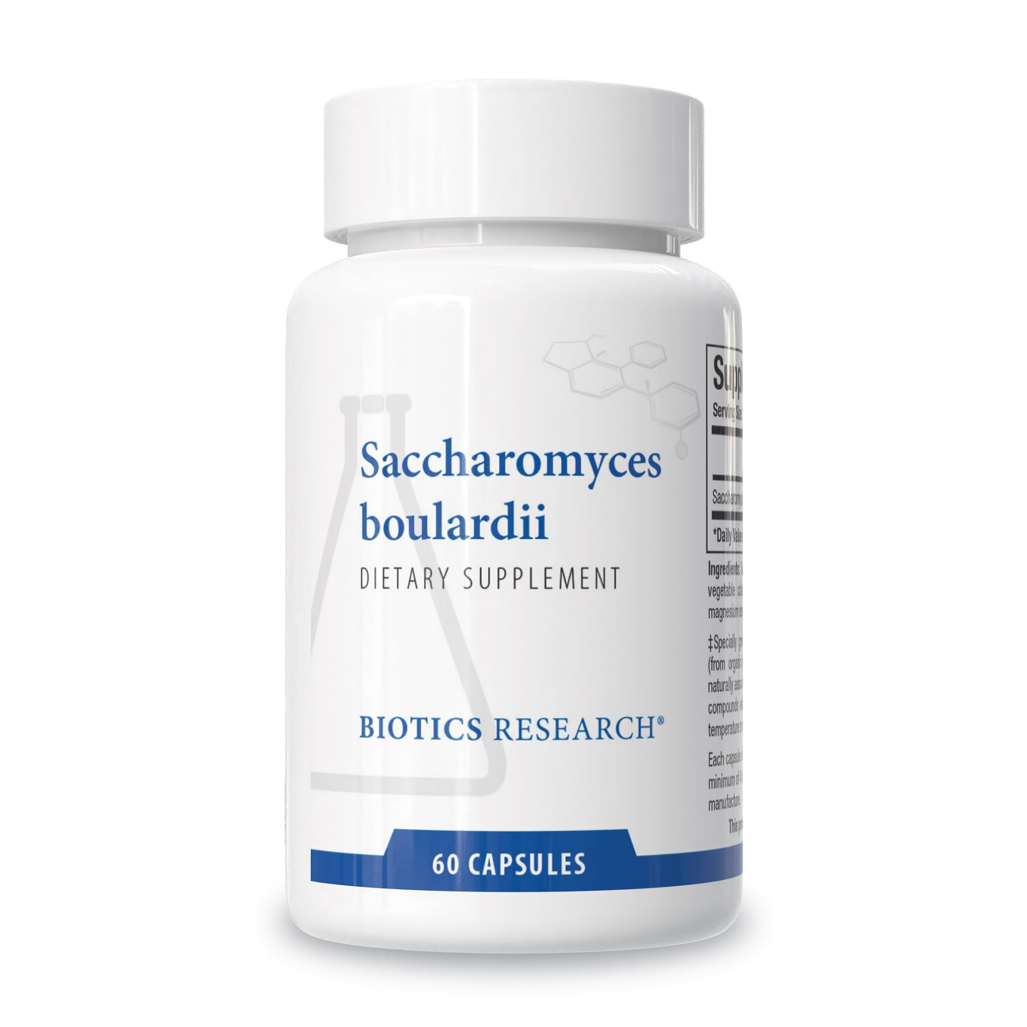 Biotics Research frontal del envase que muestra Saccharomyces boulardii y beneficios