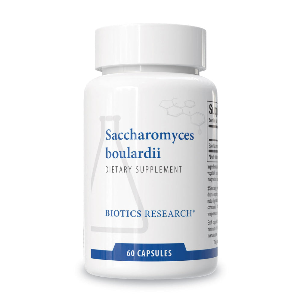 Biotics Research frontal del envase que muestra Saccharomyces boulardii y beneficios