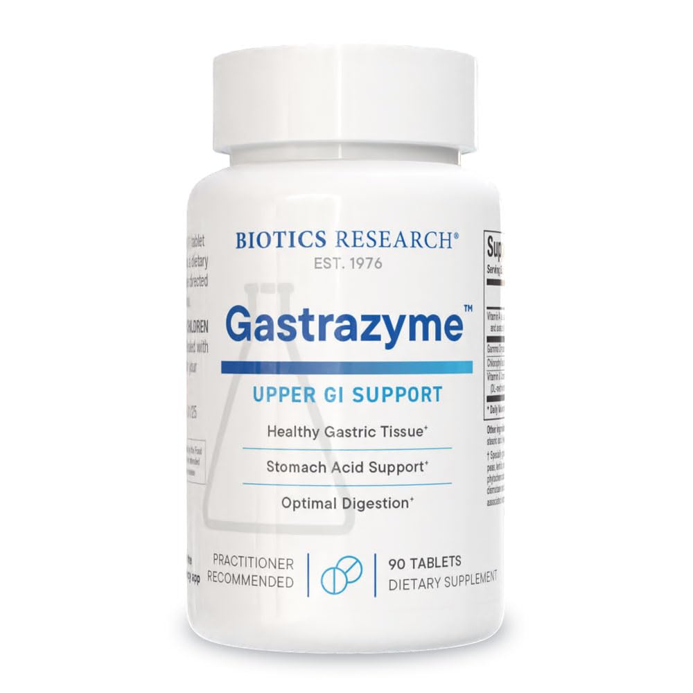 BIOTICS RESEARCH envase frontal de Gastrazyme mostrando 90 tabletas y beneficios