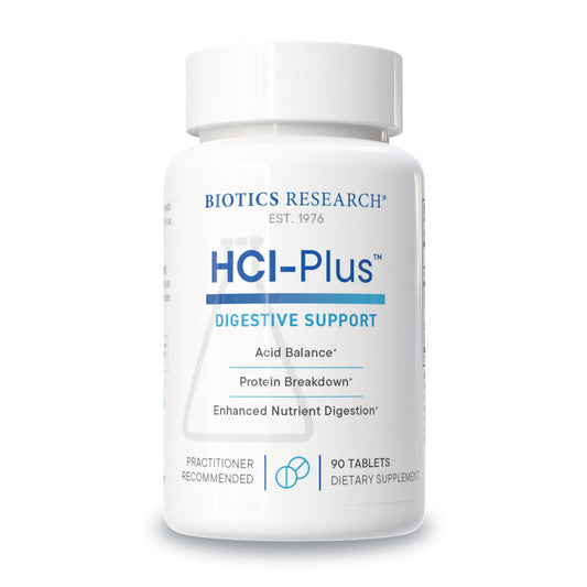 BIOTICS RESEARCH frasco HCl Plus frente muestra fácil identificación