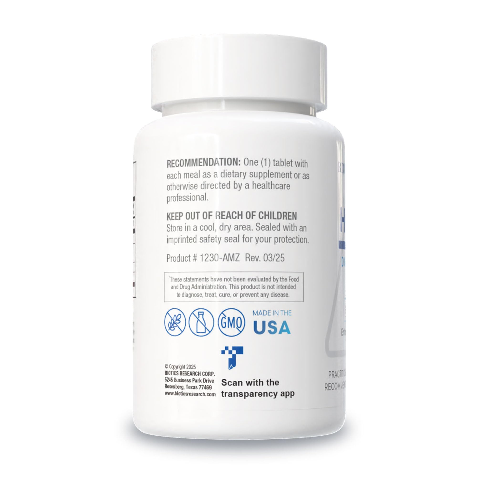 BIOTICS RESEARCH primer plano de comprimido mostrando textura y calidad