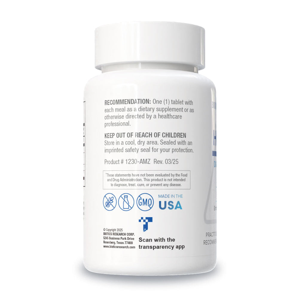 BIOTICS RESEARCH primer plano de comprimido mostrando textura y calidad