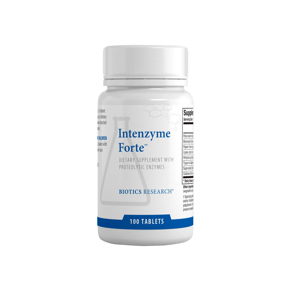 BIOTICS RESEARCH botella Intenzyme Forte frontal mostrando envase y dosis