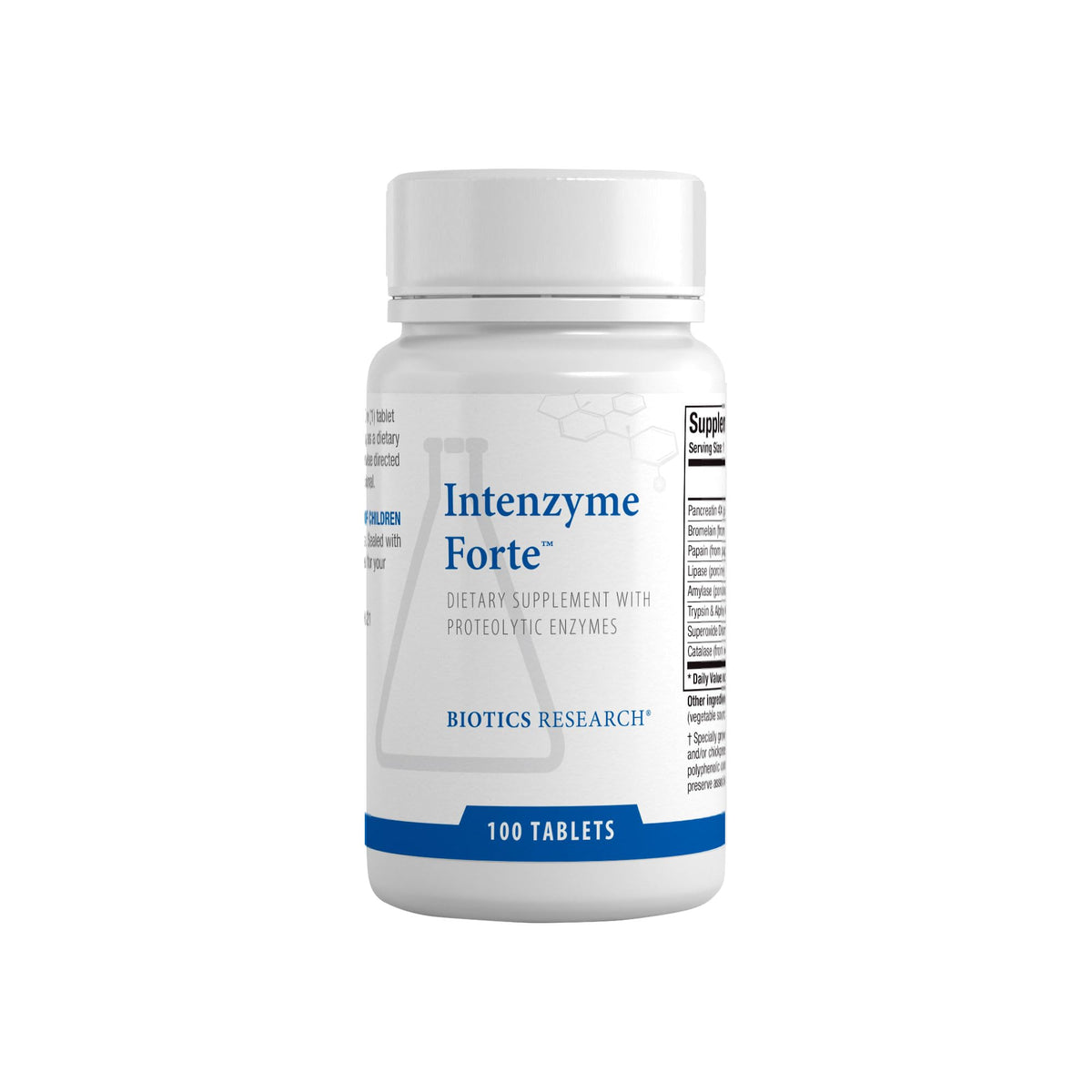 BIOTICS RESEARCH botella Intenzyme Forte frontal mostrando envase y dosis