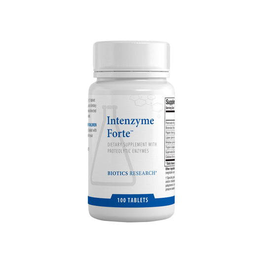 BIOTICS RESEARCH botella Intenzyme Forte frontal mostrando envase y dosis