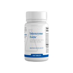 BIOTICS RESEARCH botella Intenzyme Forte frontal mostrando envase y dosis