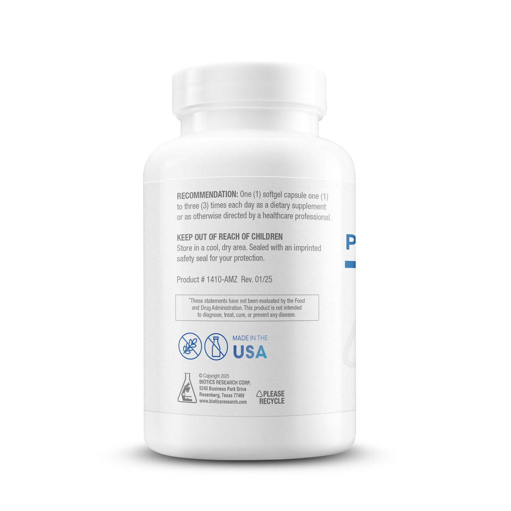 BIOTICS RESEARCH softgel en mano para comparar tamaño, ayuda a dosificación visual