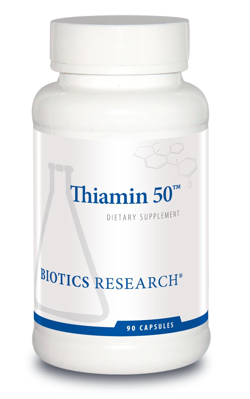 BIOTICS RESEARCH frasco frontal de Thiamin 50™ mostrando 90 cápsulas y marca