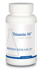 BIOTICS RESEARCH frasco frontal de Thiamin 50™ mostrando 90 cápsulas y marca