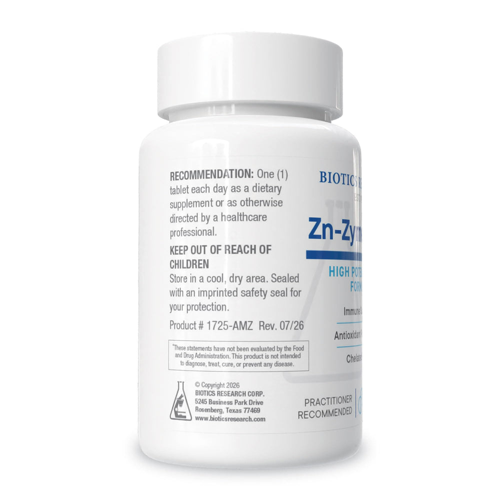 BIOTICS RESEARCH etiqueta legible destacando 25 mg de zinc