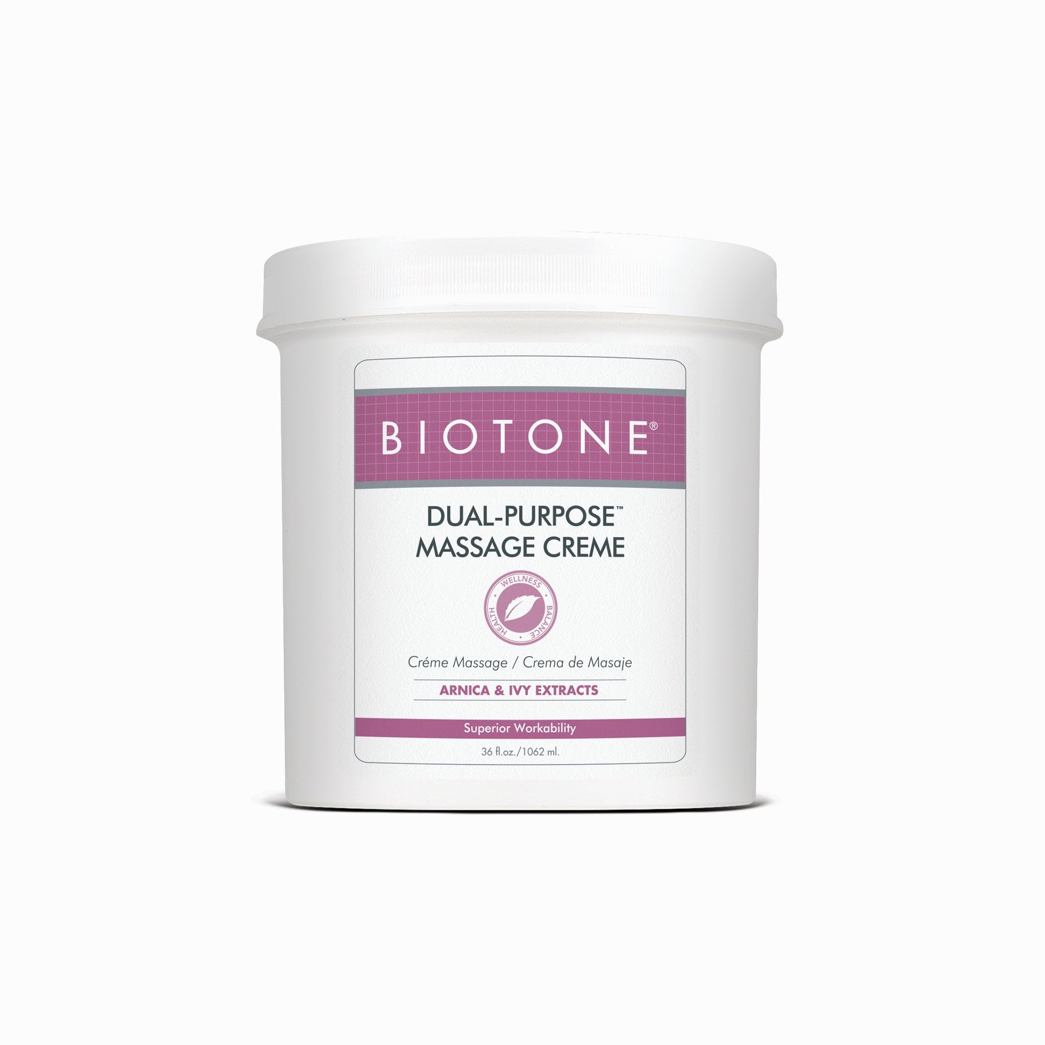Biotone crema de masaje frontal mostrando envase grande y uso profesional