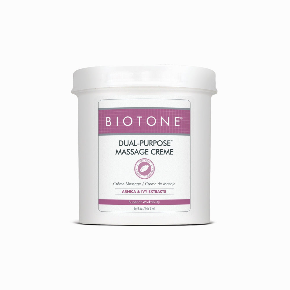 Biotone crema de masaje frontal mostrando envase grande y uso profesional