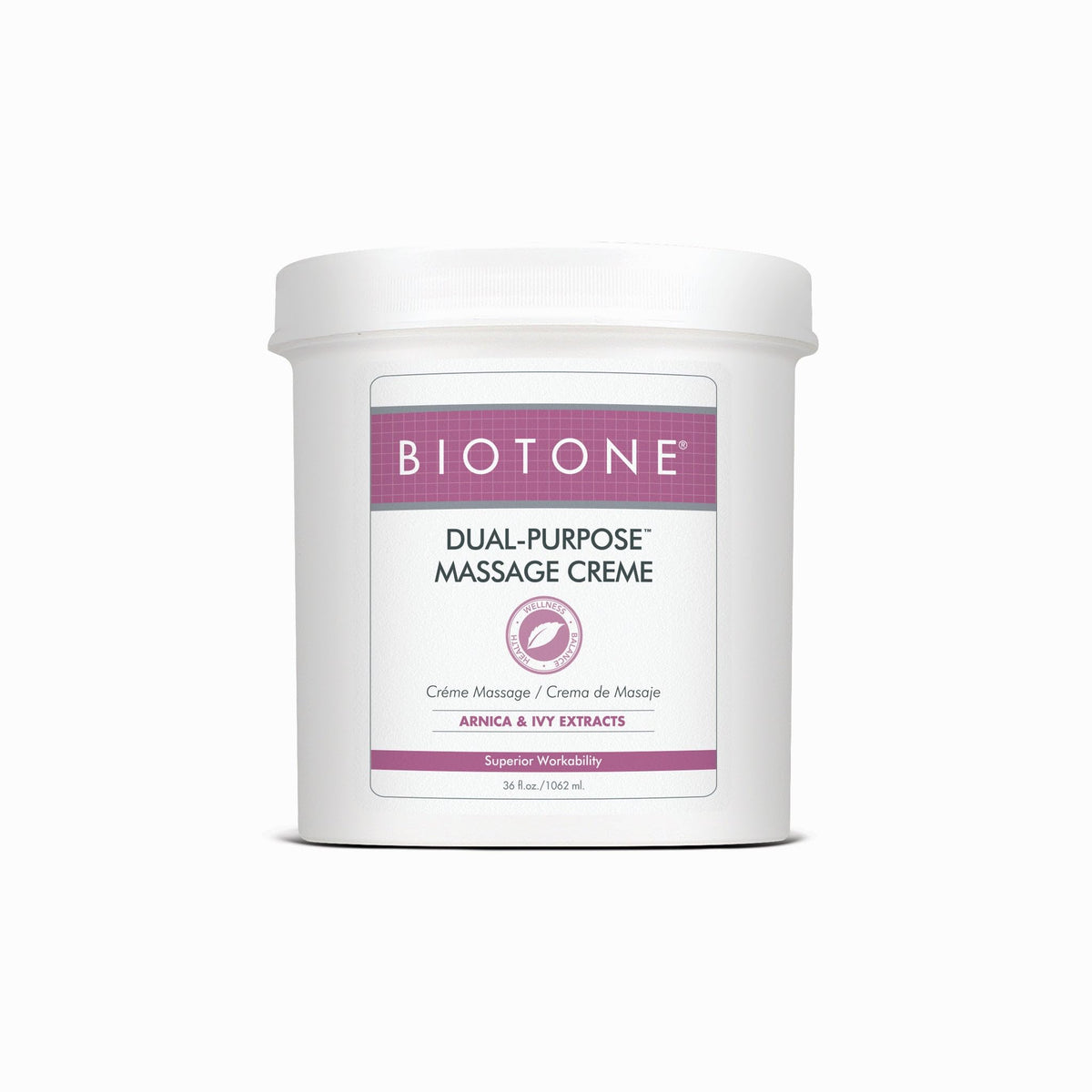Biotone crema de masaje frontal mostrando envase grande y uso profesional