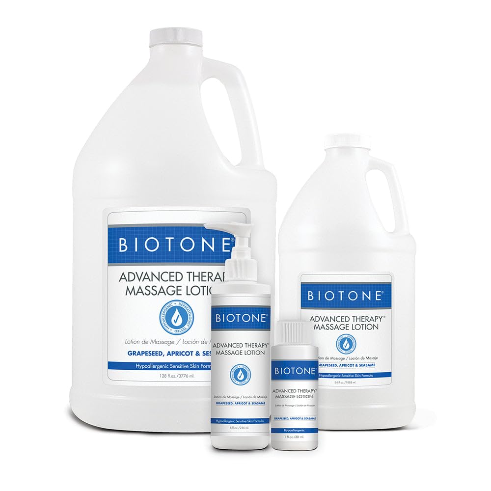 BIOTONE loción de masaje frontal del envase mostrando etiqueta y beneficios