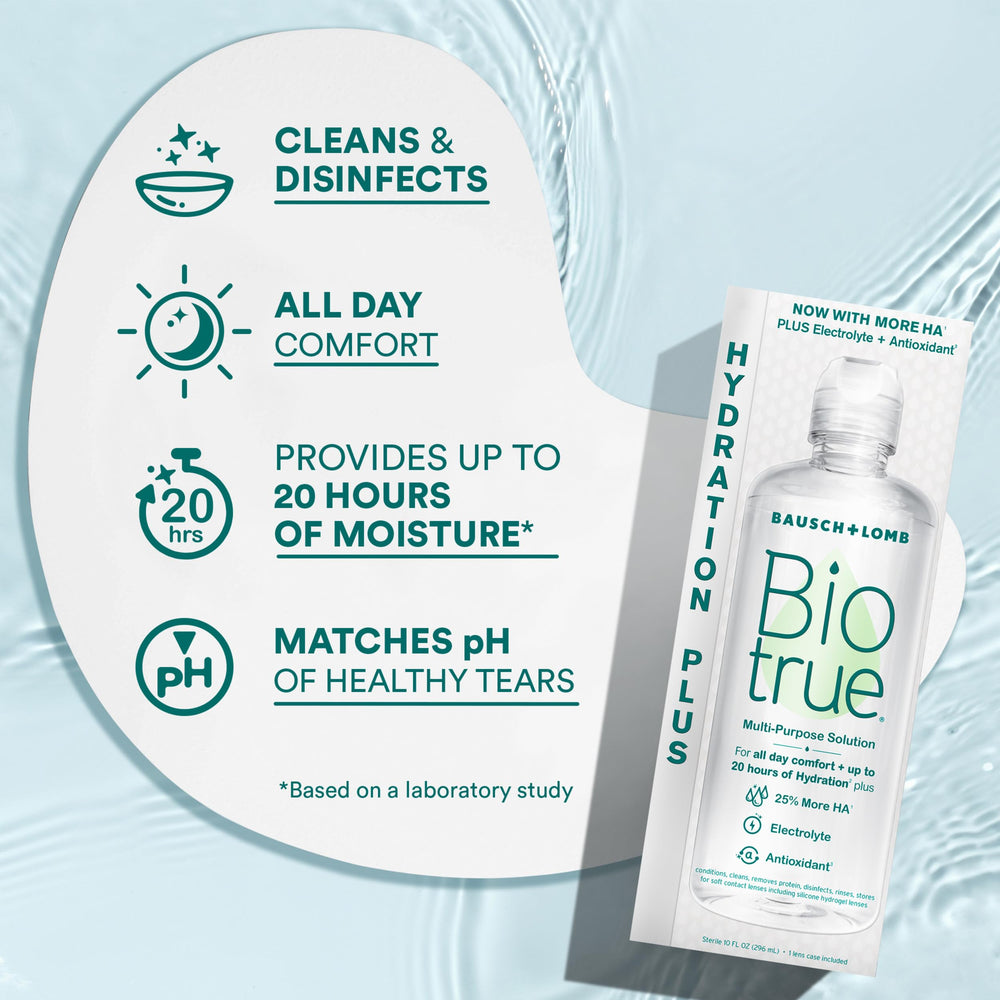 Botella Biotrue junto a regla para comparar tamaño y duración
