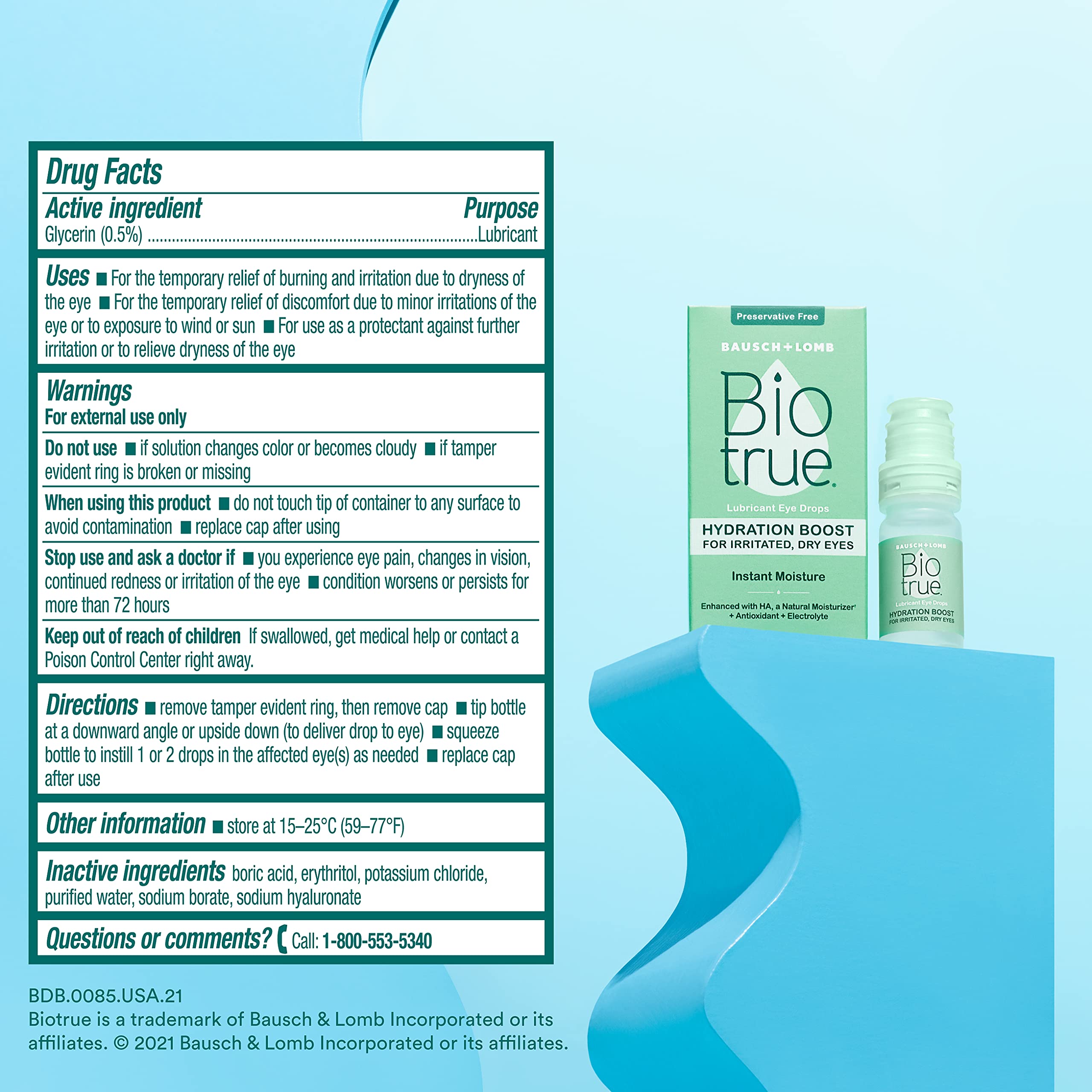 Botella Biotrue en bolso en escena cotidiana para alivio de ojos secos fuera de casa